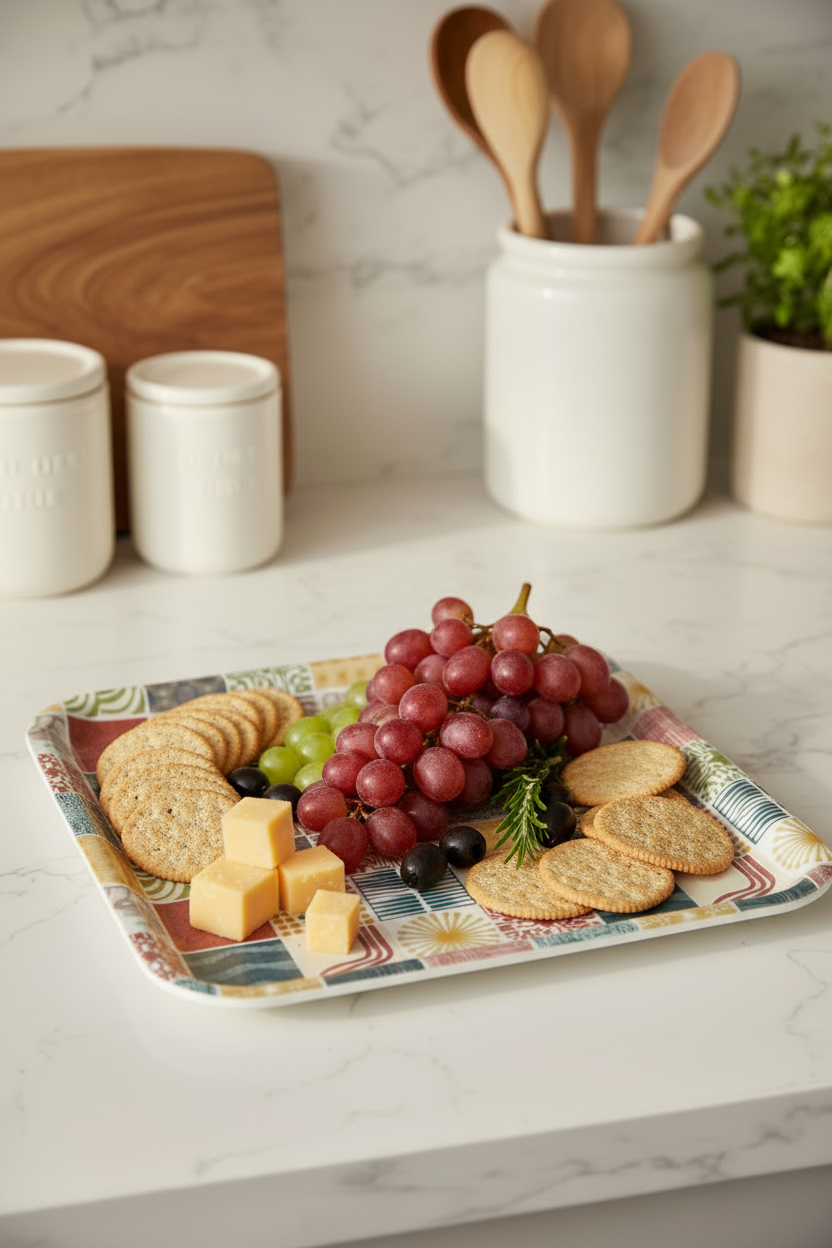 “Little Boxes” Serving Tray with crackers, cheese and grapes on a counter.