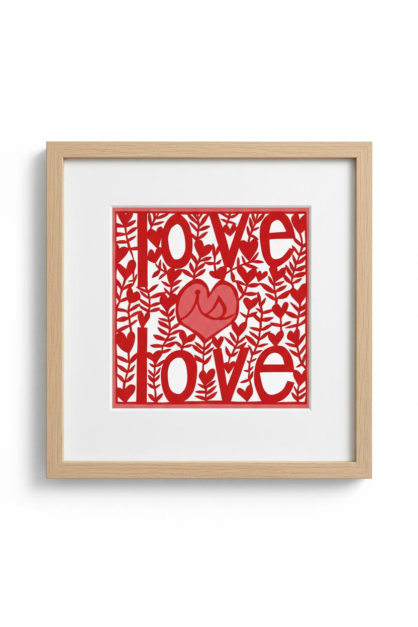 Framed artwork with red and white 'LOVE' design on a white background