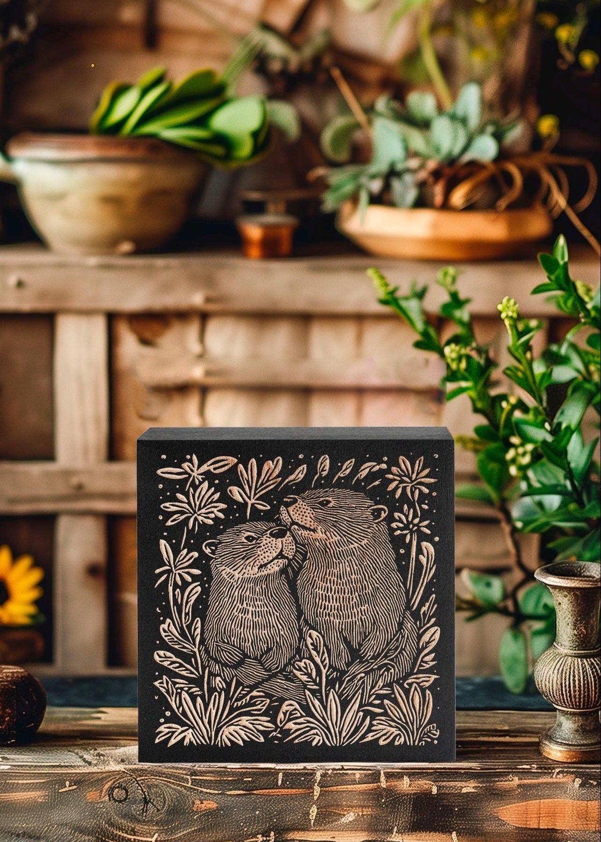 The Otters Engraved Birch Wood Panel on a shelf surrounded by plants.