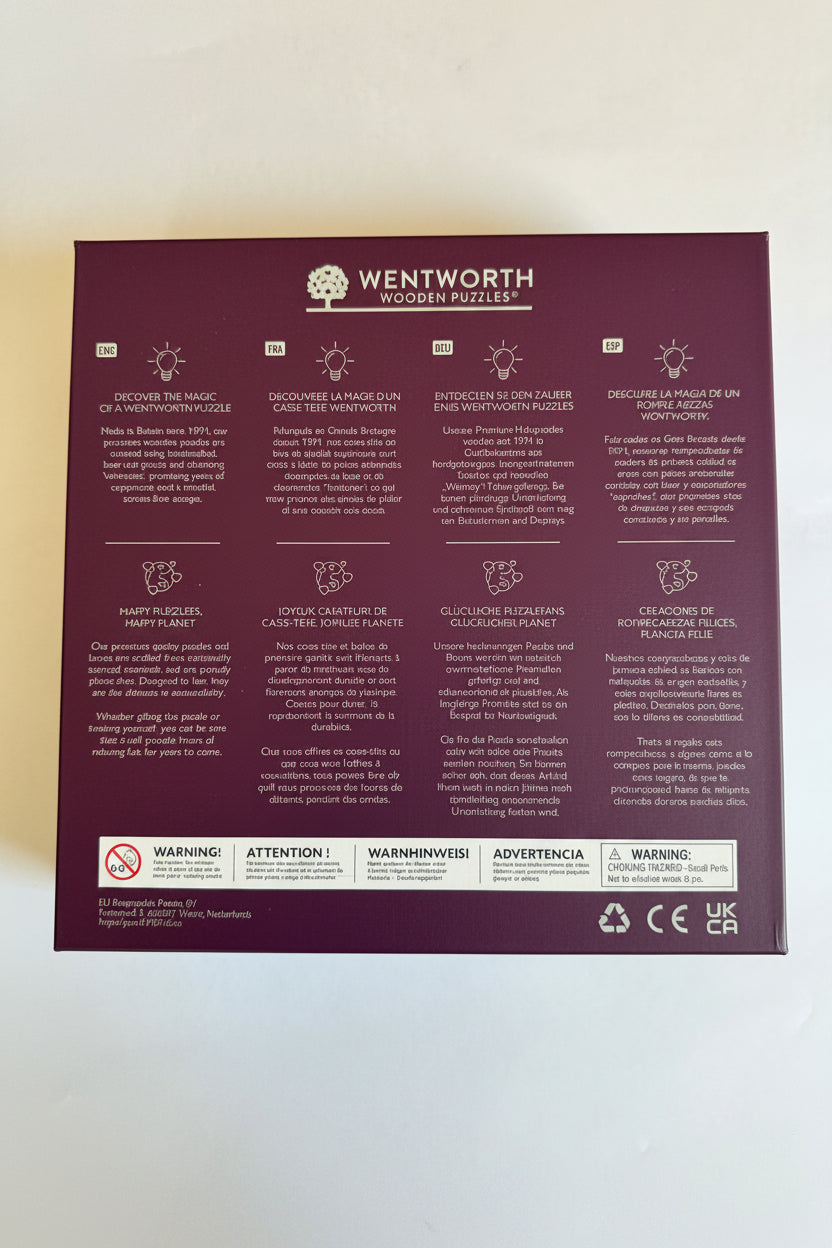 Photo of the Back of the "Pink Sky" Puzzle Box
Photo of the back of the "Pink Sky" puzzle box with information about Wentworth puzzles in English, French, German, and Spanish.
