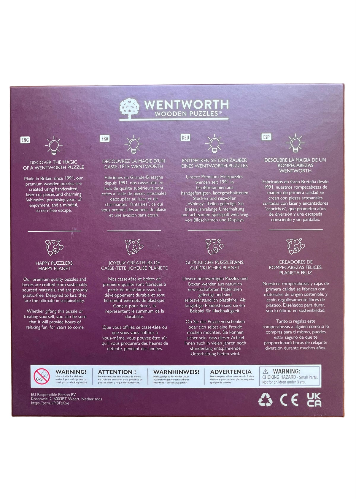Photo of the back of the "Sardines" puzzle box with information about Wentworth puzzles in English, French, German, and Spanish.