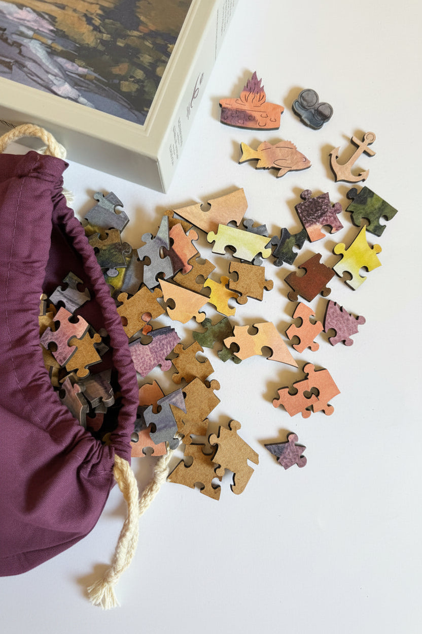 Photo of the "Pink Sky" puzzle pieces including unique whimsical deign pieces, such as a fire pit, fish, nd anchor.