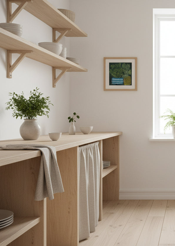 The "Plant Pot" archival print featuring a painting of two plants in brightly colored striped and spotted pots, framed and hanging in a kitchen.