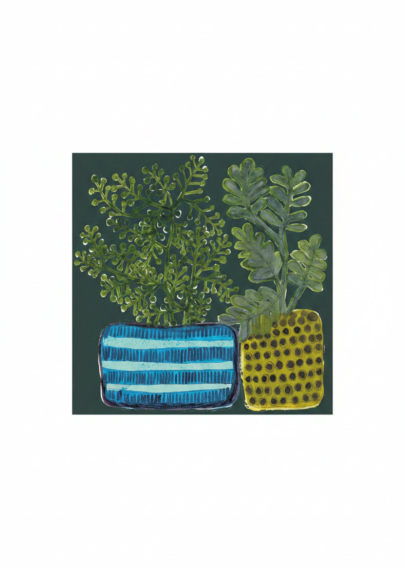 The "Plant Pots" archival print featuring plant pots with green foliage on a dark background.