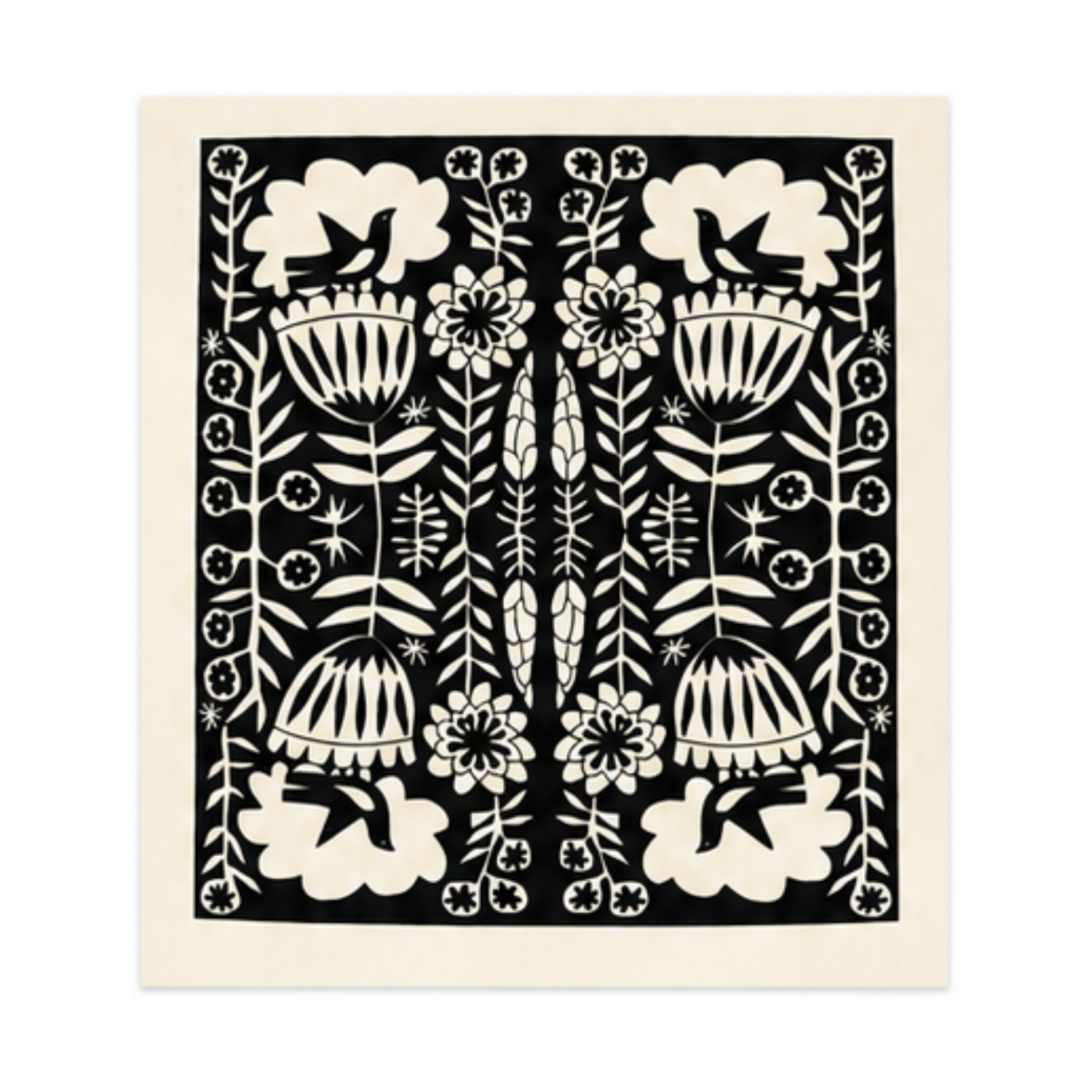 Reusable Swedish dishcloth featuring the "Birds in the Garden" pattern with black and white birds, flowers, and leafy motifs arranged using a horizontal and vertical symmetrical design.