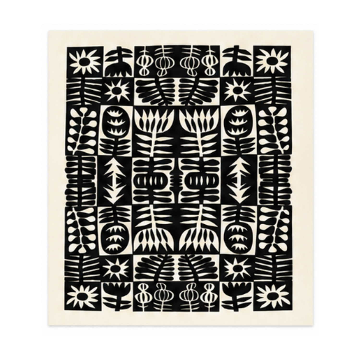 Reusable Swedish dishcloth featuring the "Black and White Scandi" pattern with a black and white checkerboard design filled with floral and leafy motifs.