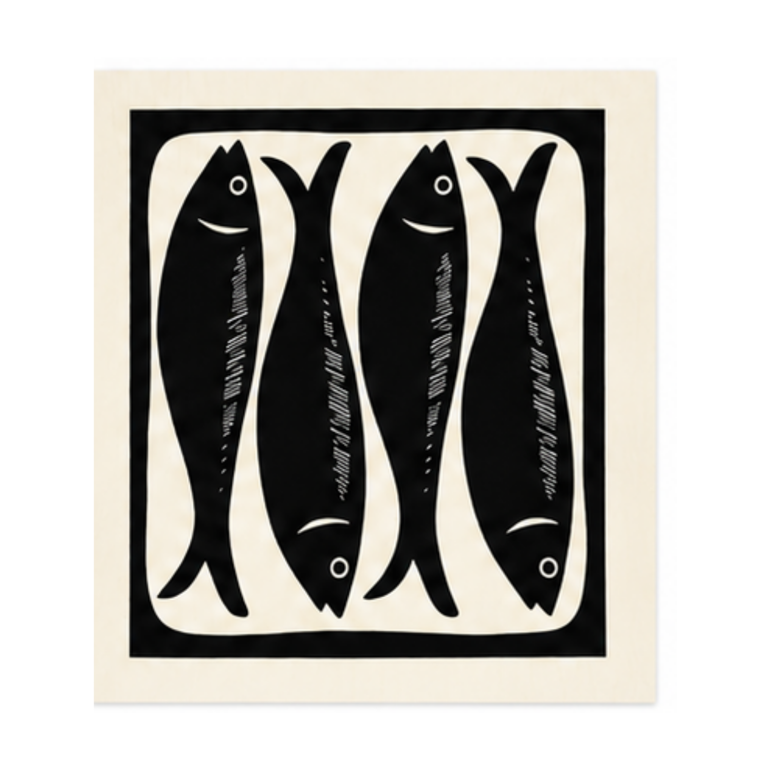 Reusable Swedish dishcloth featuring the "Sardine" pattern with four black and white sardines arranged in alternating directions. 