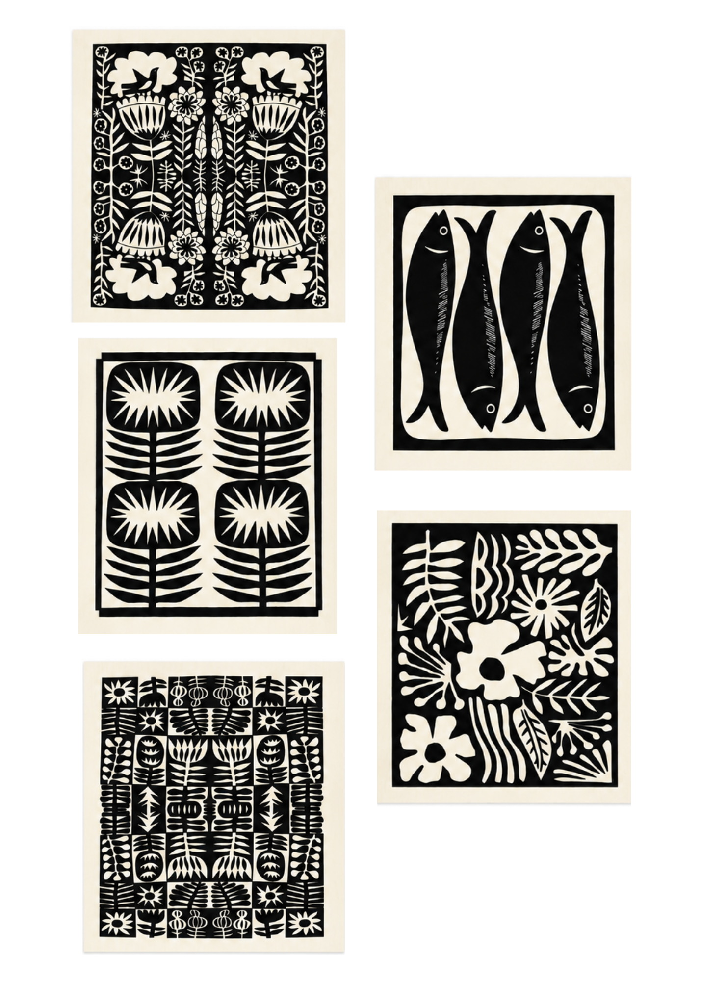Five swedish dishcloths featuring original artwork by Jennifer Judd-McGee.