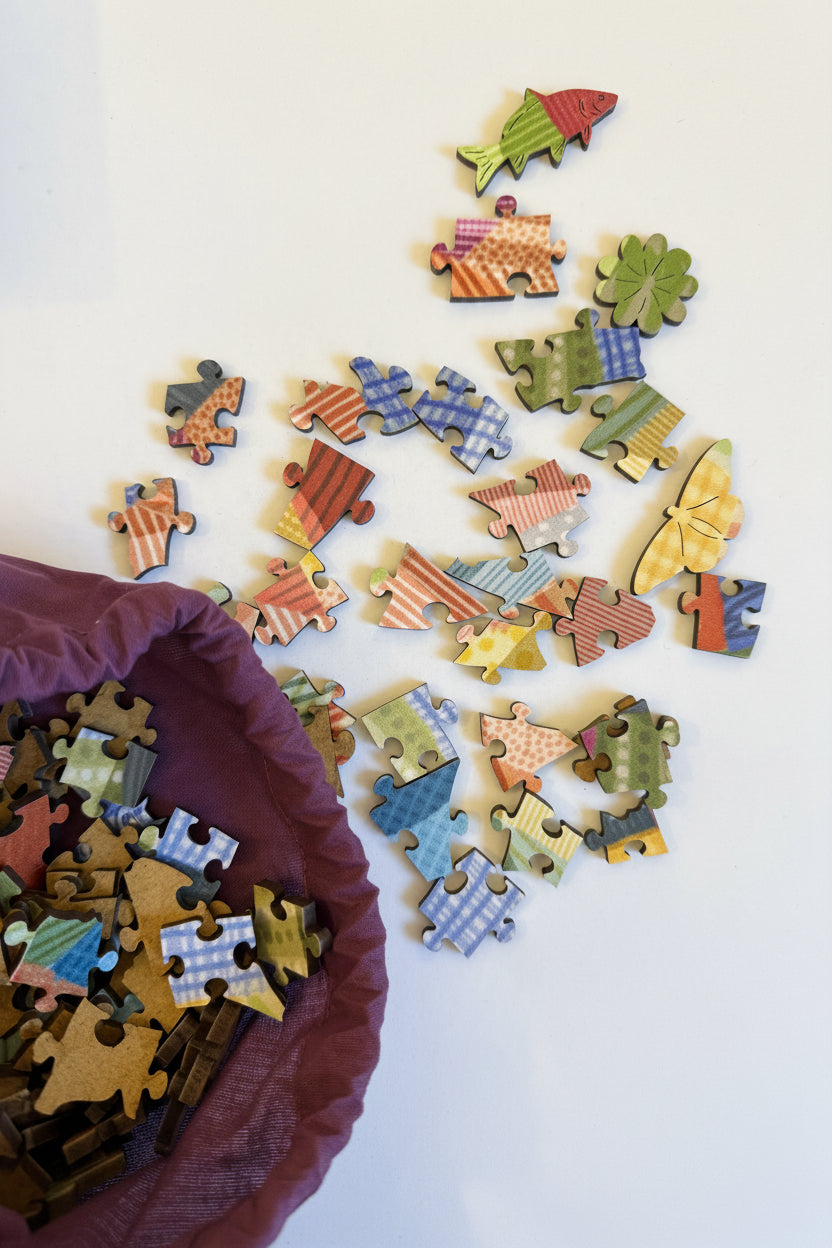 Photo of "Sardines" wooden puzzle pieces  including unique and whimsy pieces, with cutouts in shapes such a as a fish, flower, and butterfly.