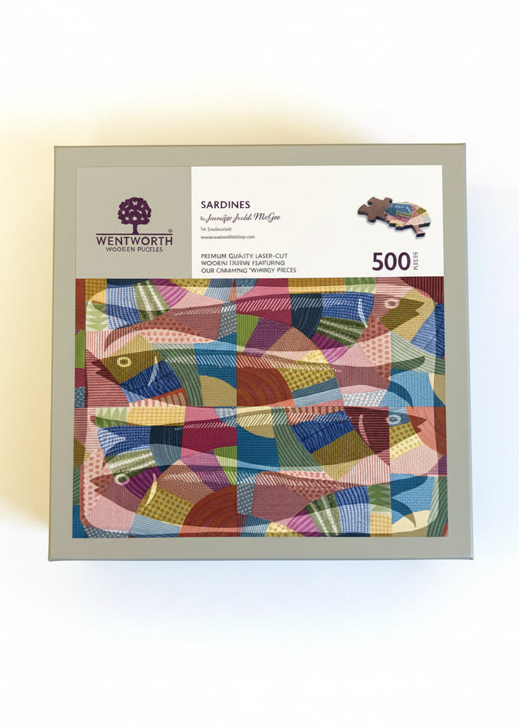 Photo of the front of the "Sardines" wooden puzzle box featuring artwork by Jennifer Judd-McGee.