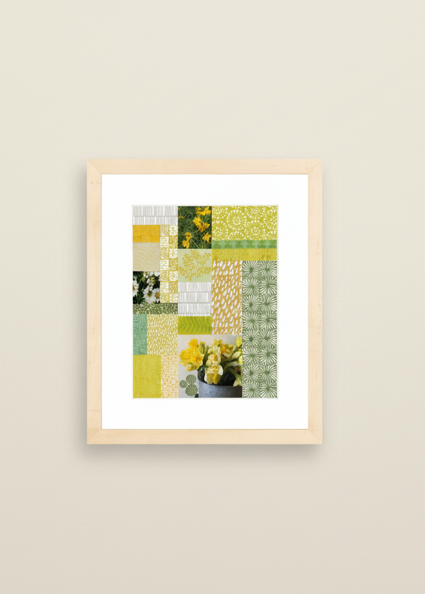 Framed abstract art print with geometric pattern on a beige wall