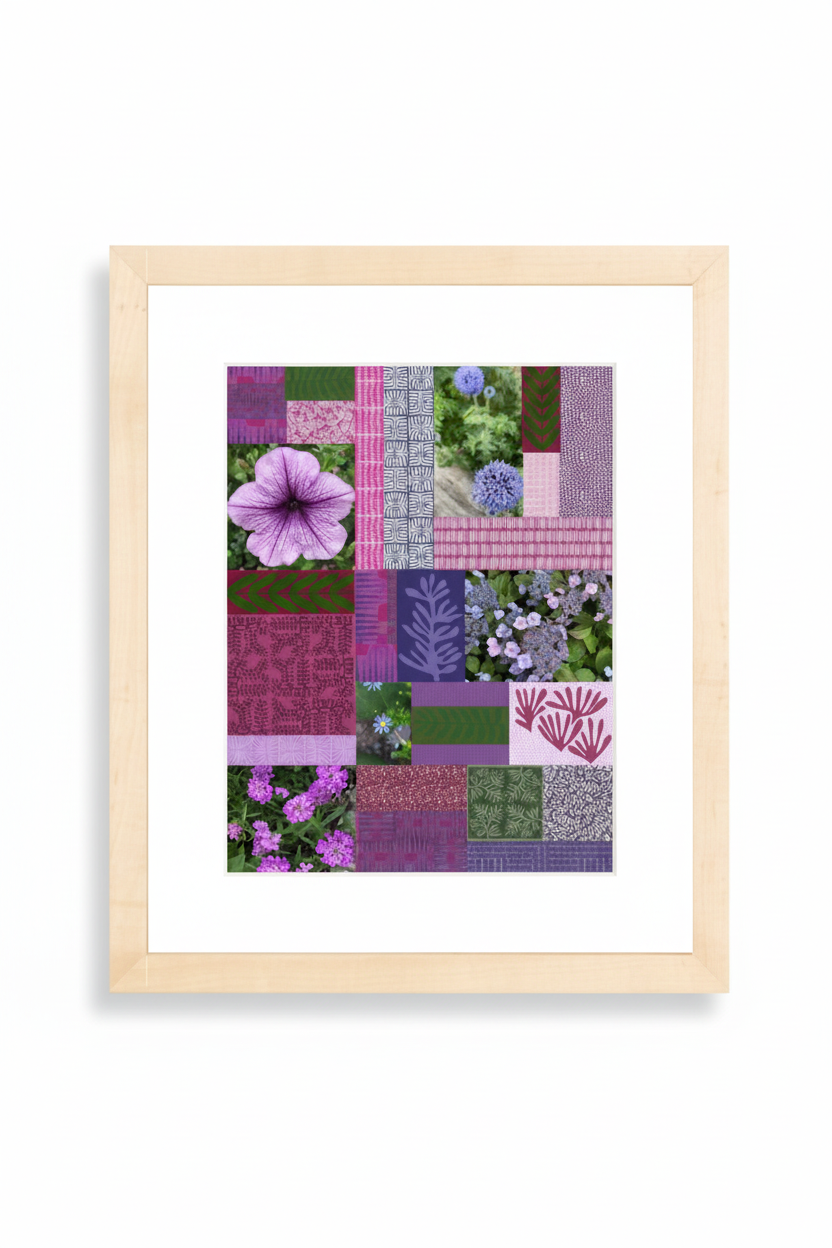 Framed artwork with a patchwork design featuring various purple flowers on a white background