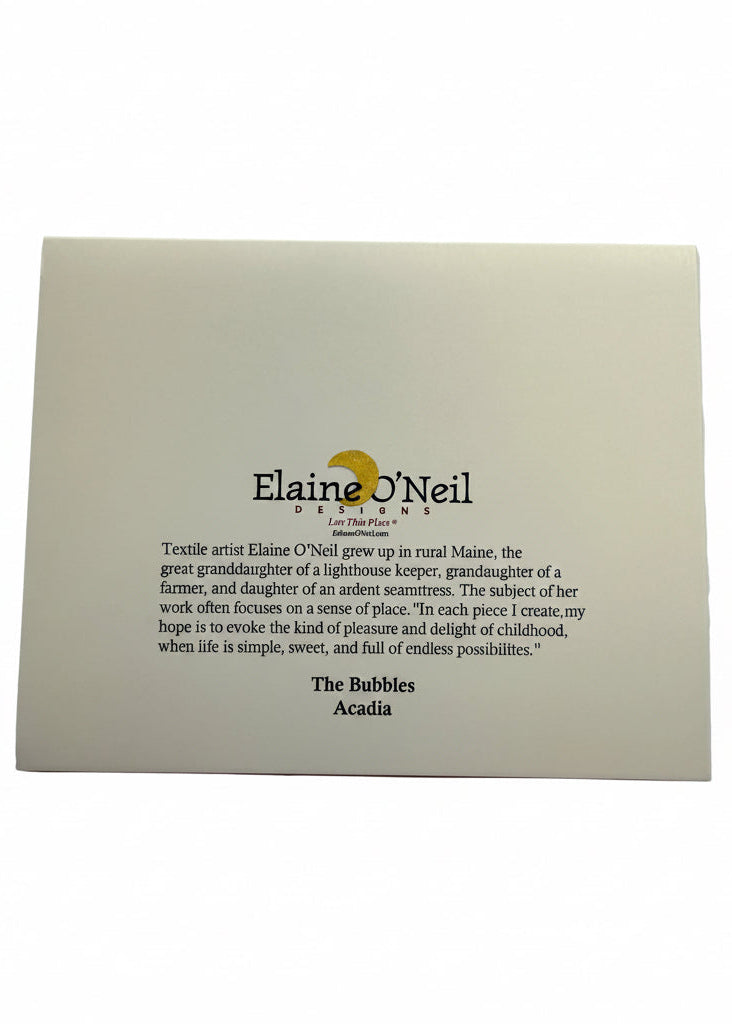A photo of the back side of a "The Bubbles" card with artist bio.