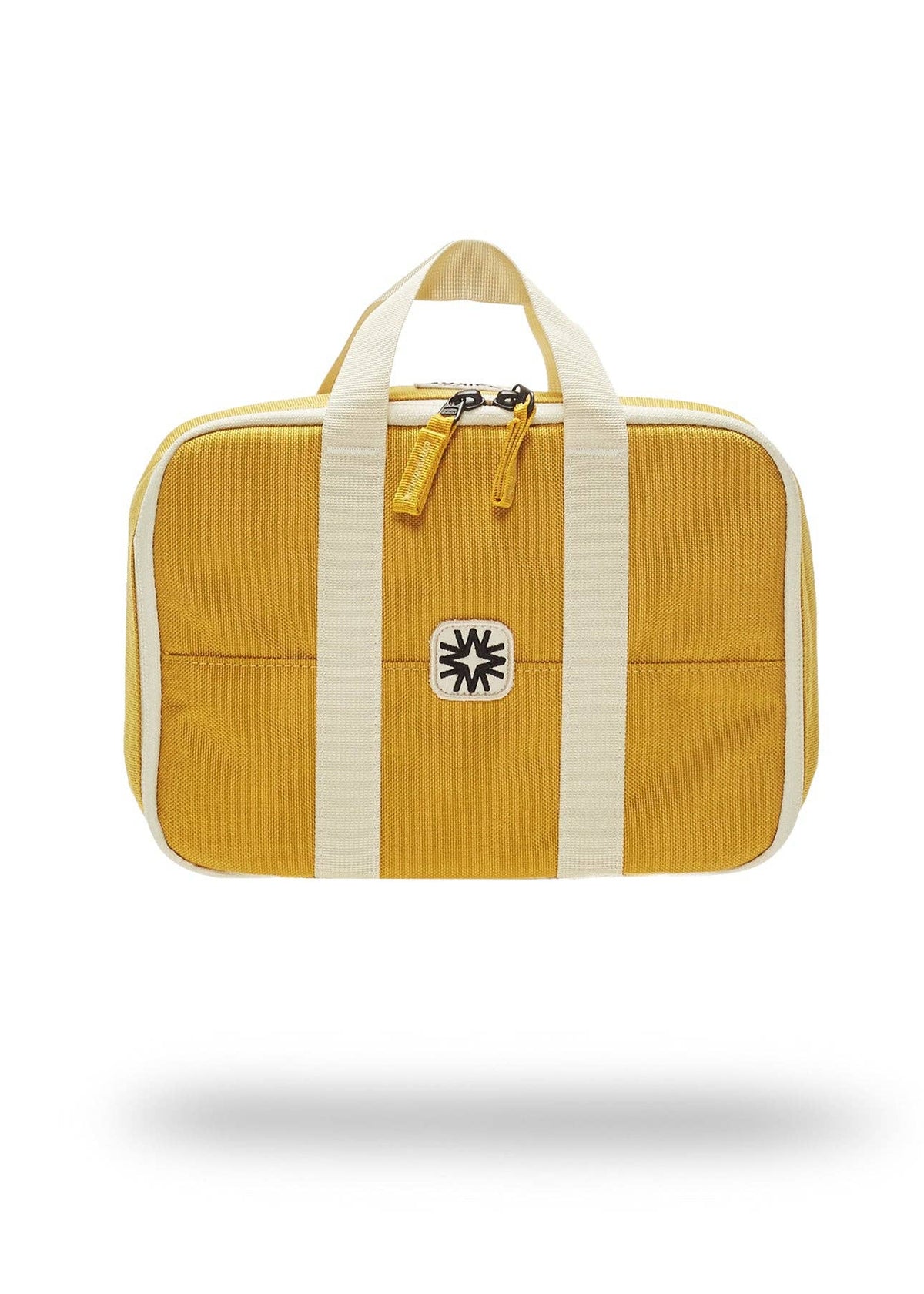 Yellow Lunchbox by Walker Family Goods with a white handle, shown from the front.