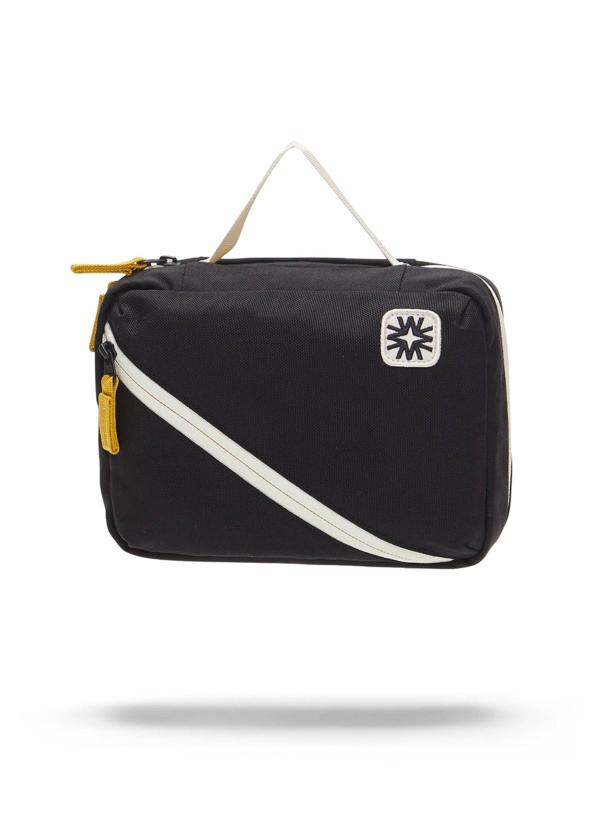 Front view of toiletry bag showing top handle, and front diagonal pocket.