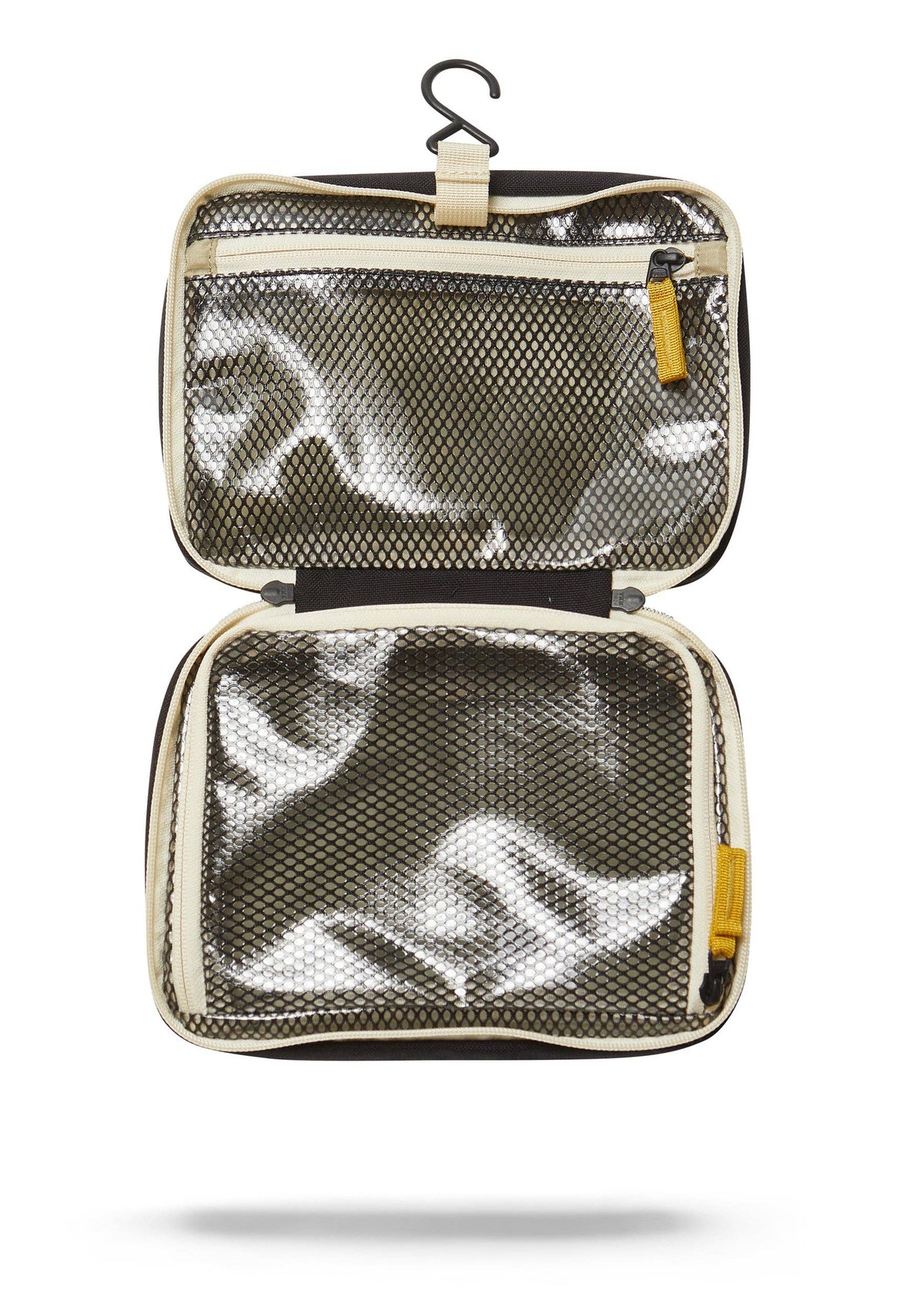 Interior photo of the Toiletry Bag featuring clear mesh zipper pockets and a hook for hanging.