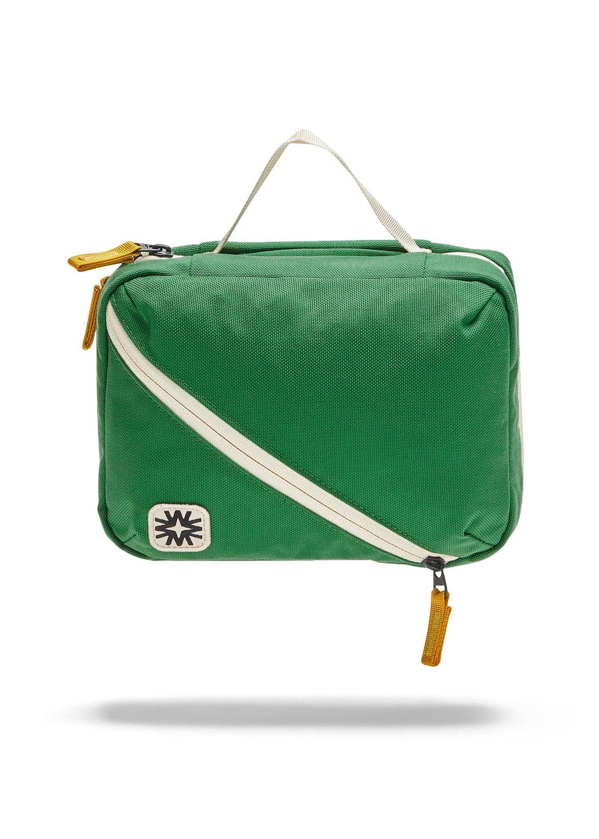 Front view of toiletry bag showing top handle, and front diagonal pocket.
