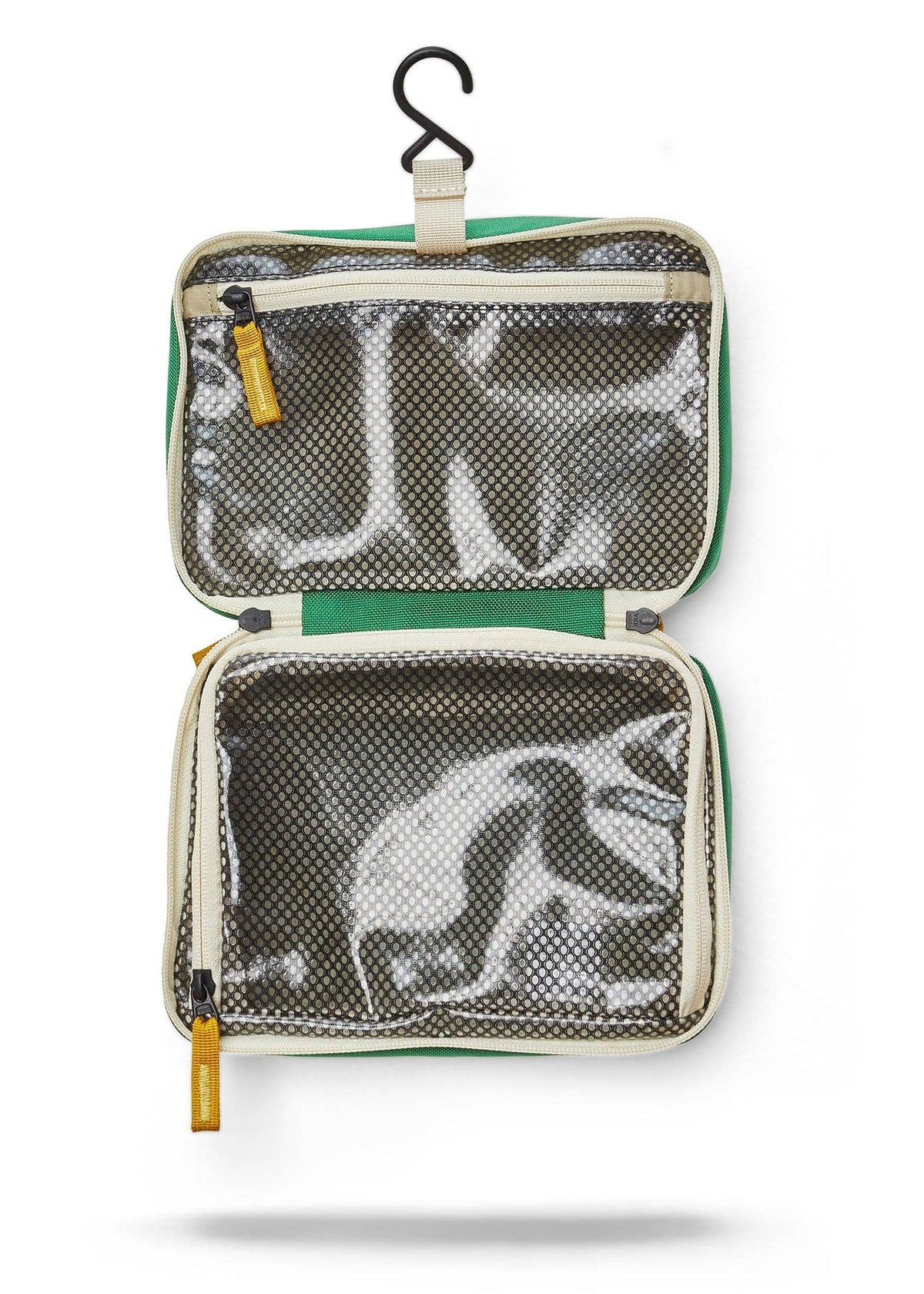 Interior photo of the toiletry bag featuring clear mesh zipper pockets and a hook for hanging.