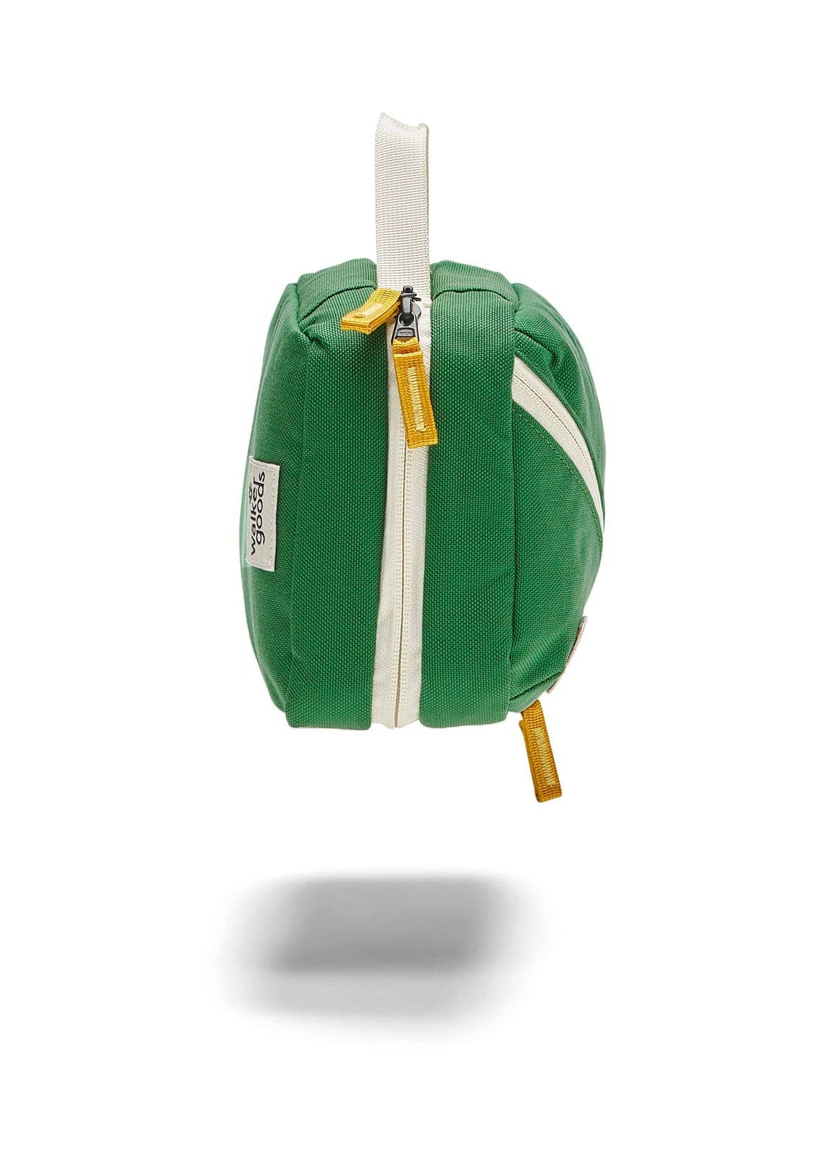 Side view of toiletry bag showing zipper details.