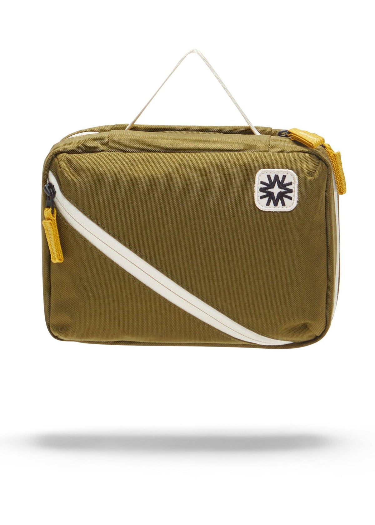 Front view of toiletry bag showing top handle, and front diagonal pocket.