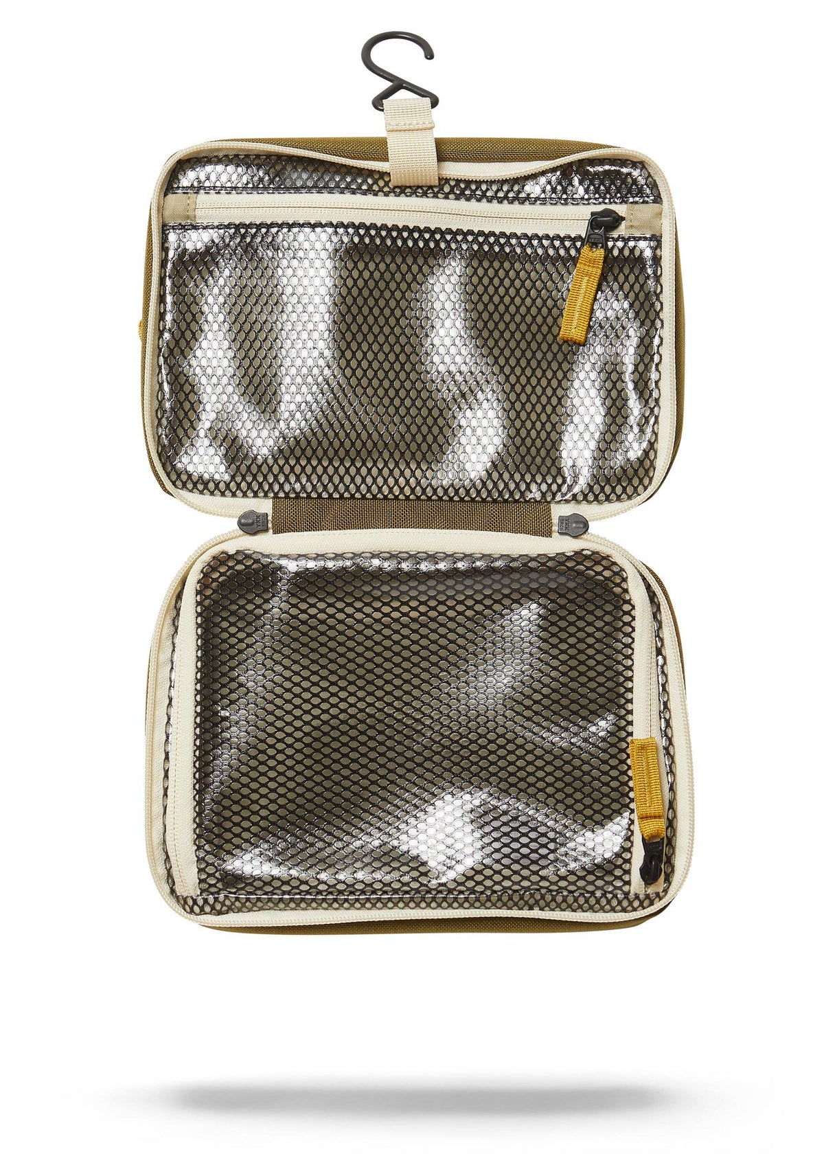 Interior photo of the Toiletry Bag  featuring clear mesh zipper pockets and a hook for hanging.