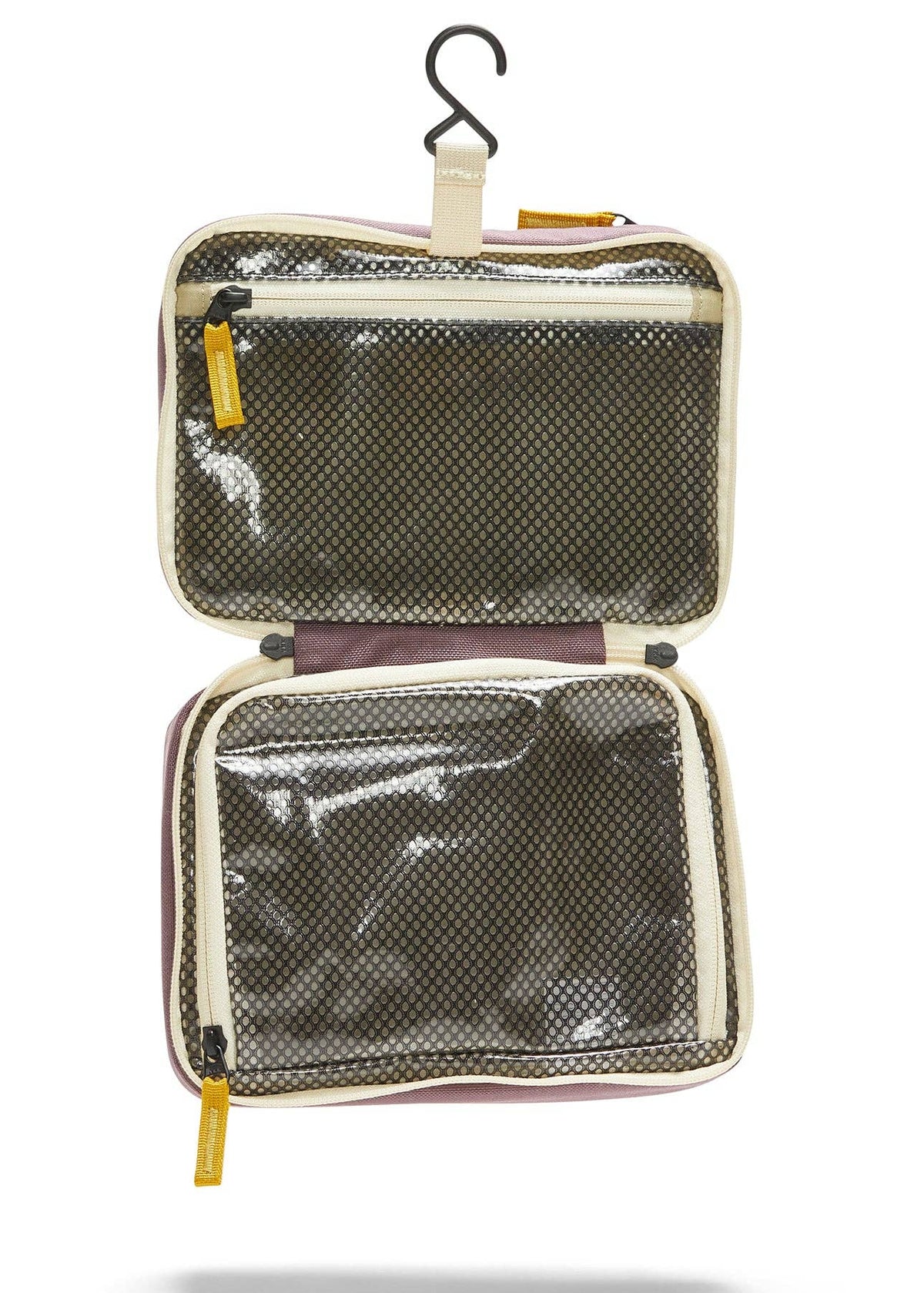 Interior photo of the Toiletry Bag  featuring clear mesh zipper pockets and a hook for hanging.
