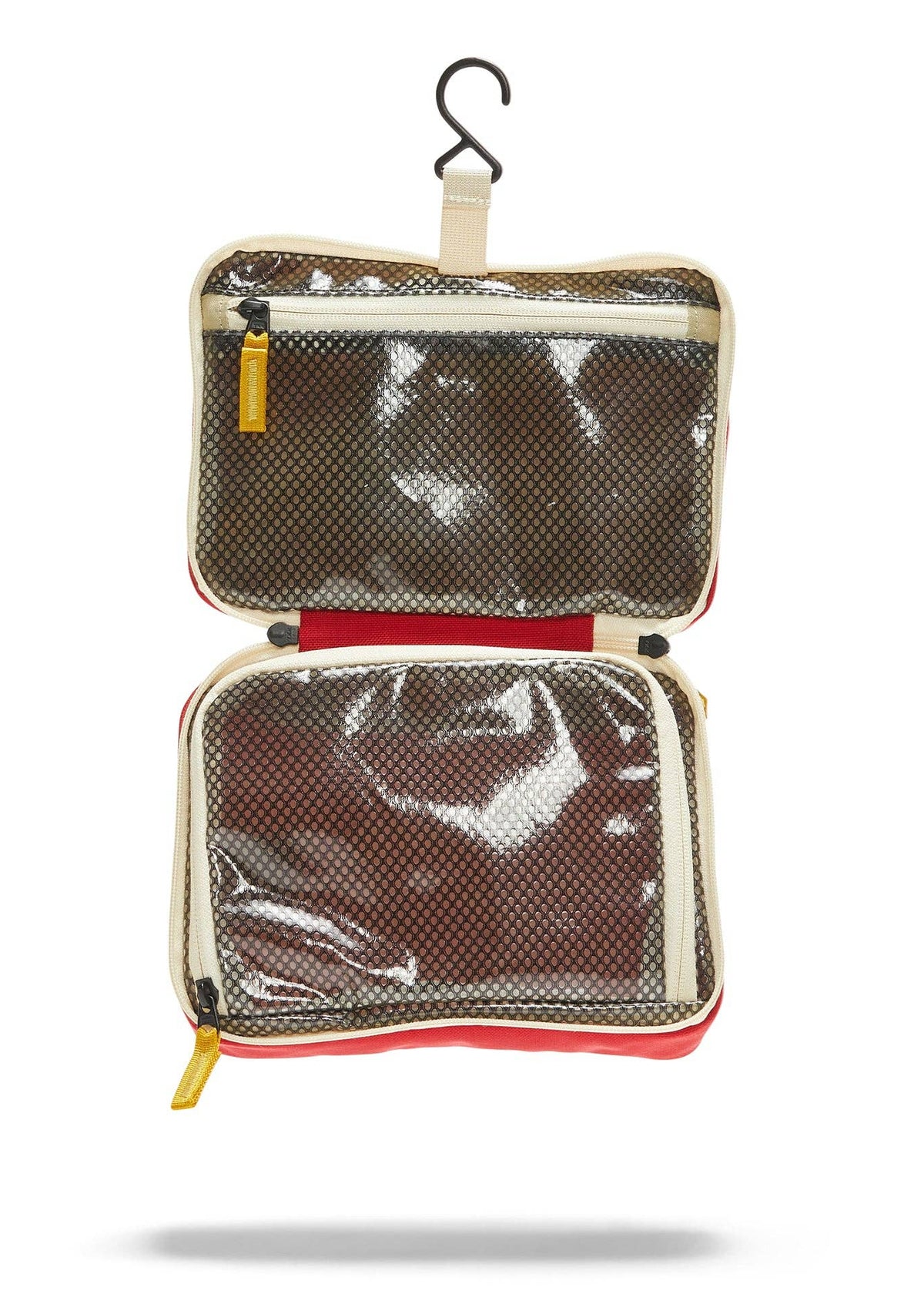 Interior photo of the Toiletry Bag  featuring clear mesh zipper pockets and a hook for hanging.