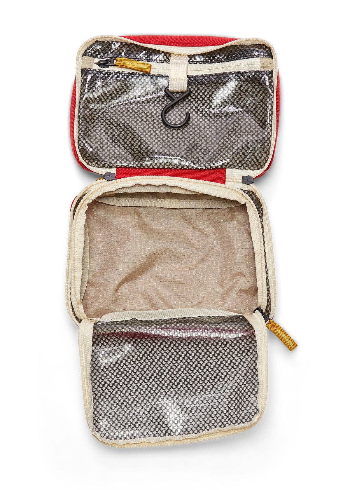 Interior photo of the Toiletry Bag featuring open clear mesh zipper pockets and a hook for hanging.