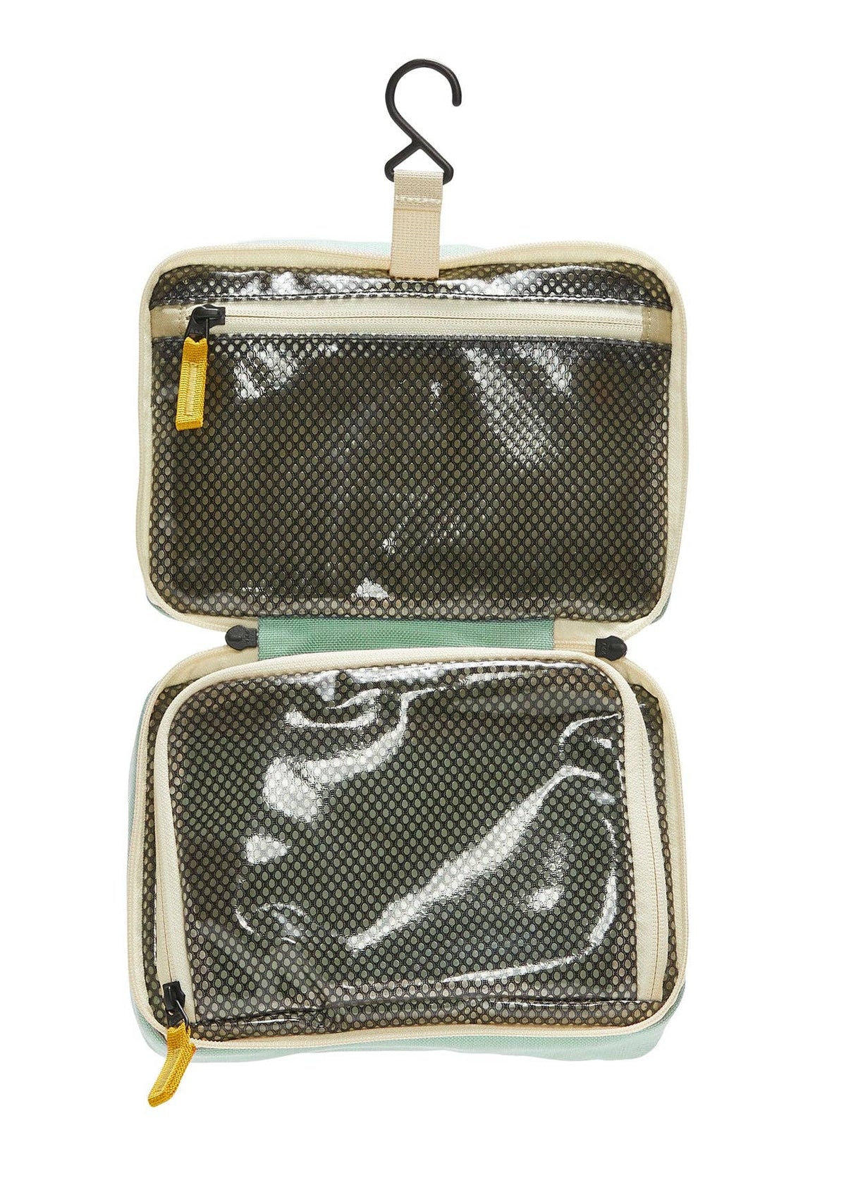 Interior photo of the Toiletry Bag  featuring clear mesh zipper pockets and a hook for hanging.