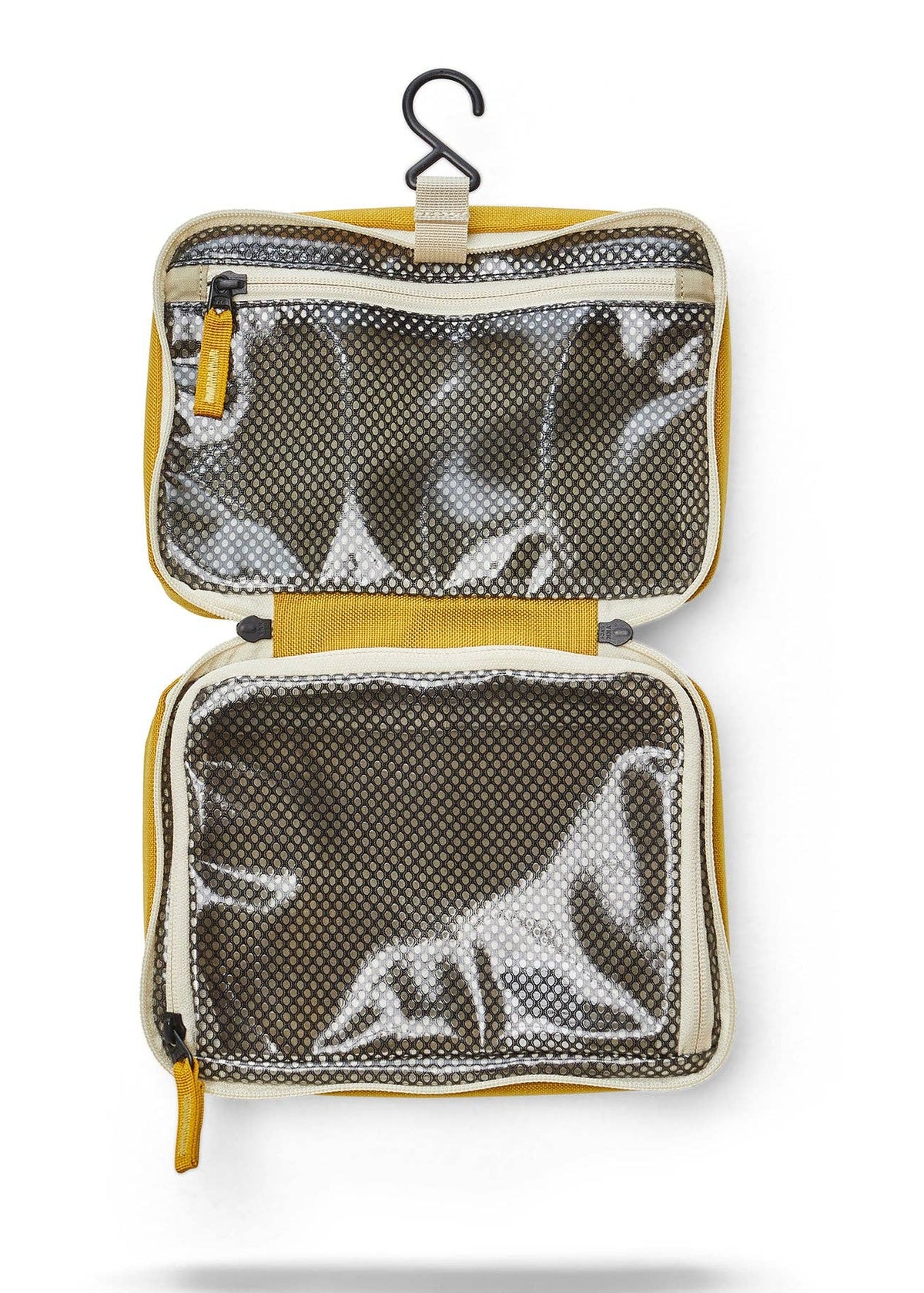 Interior photo of the Toiletry Bag featuring clear mesh zipper pockets and a hook for hanging.