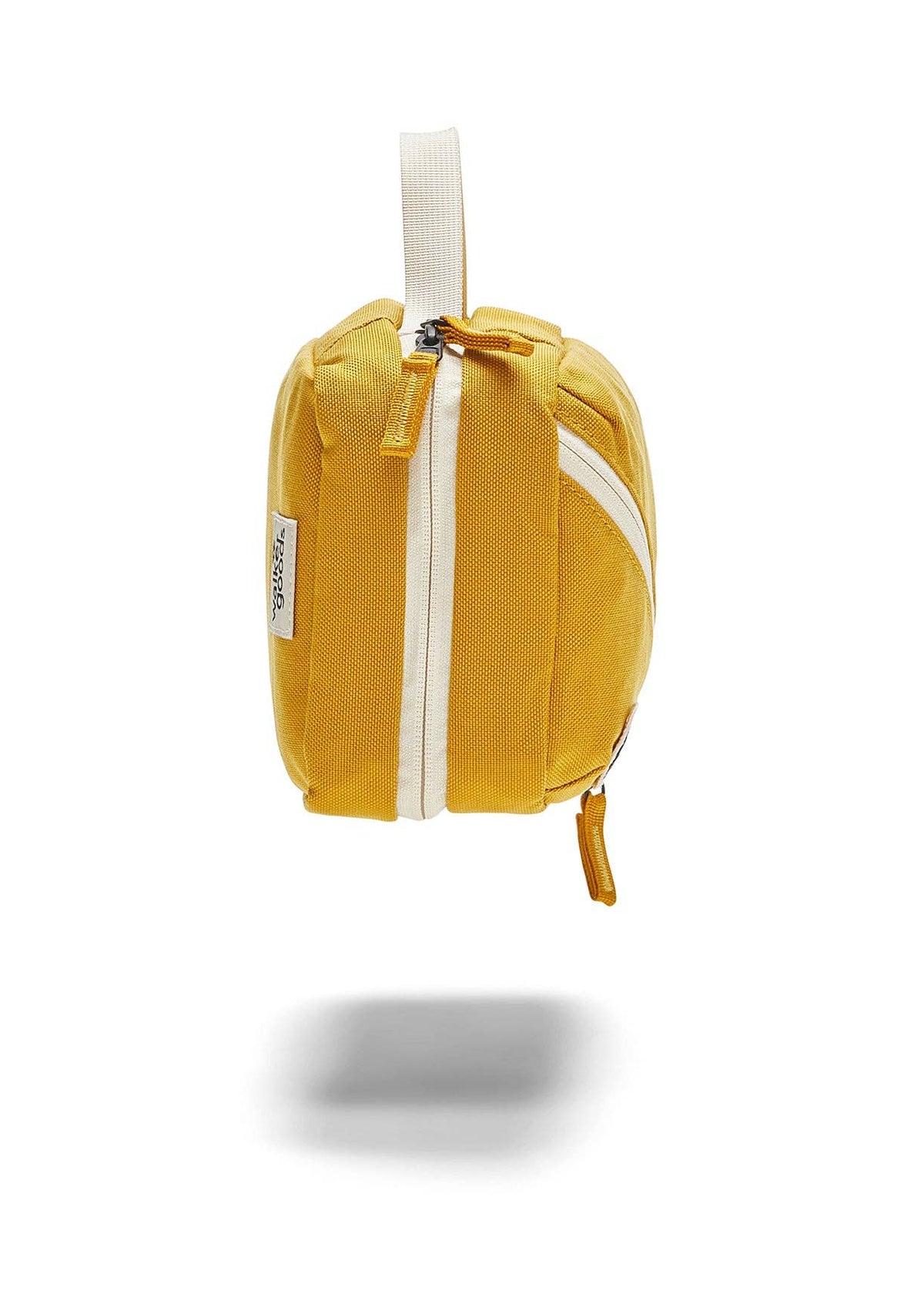 Side view of Toiletry Bag showing yellow zipper details.