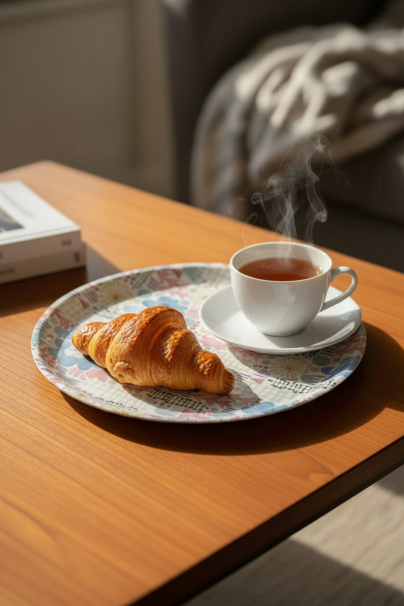 "Watercolor Floral" serving tray with a croissant and tea.