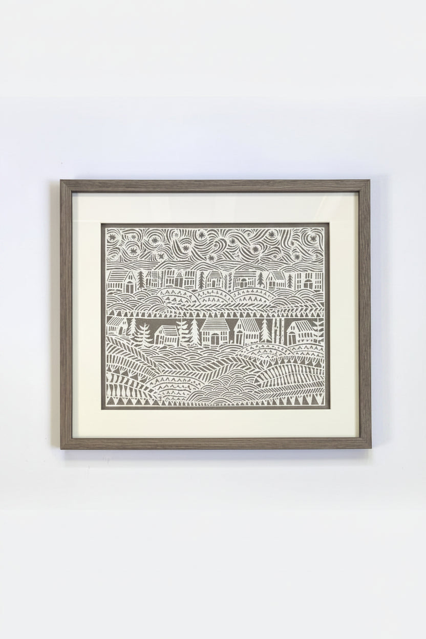 Jennifer Judd-McGee's original "What Connects Us" papercut, highlighting the intricate hand-cut details and layered archival paper, matted and framed.