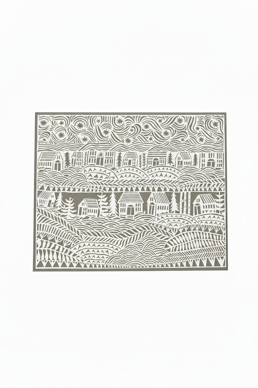 Jennifer Judd-McGee's original "What Connects Us" papercut, highlighting the intricate hand-cut details and layered archival paper.