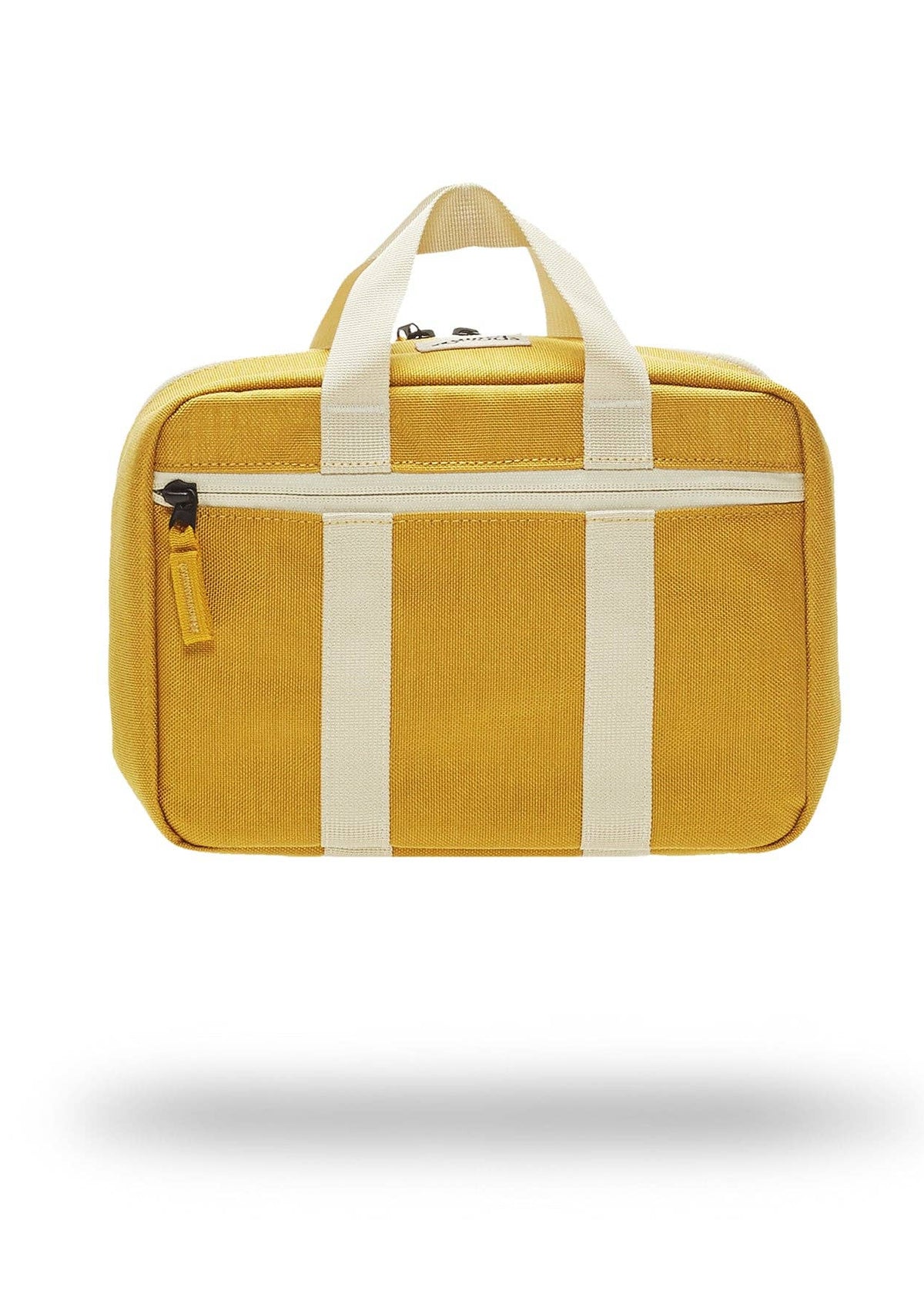 Yellow Lunchbox by Walker Family Goods with a white handle, shown from the back.