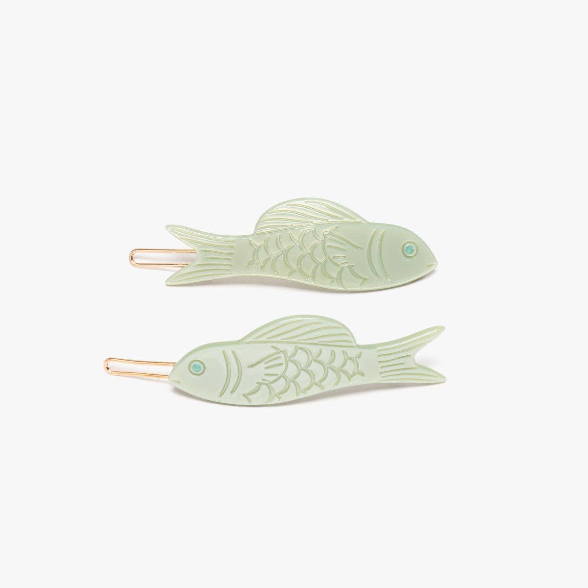 Jade Fish Barrette Set - Green Acetate Engraved Hair Clips