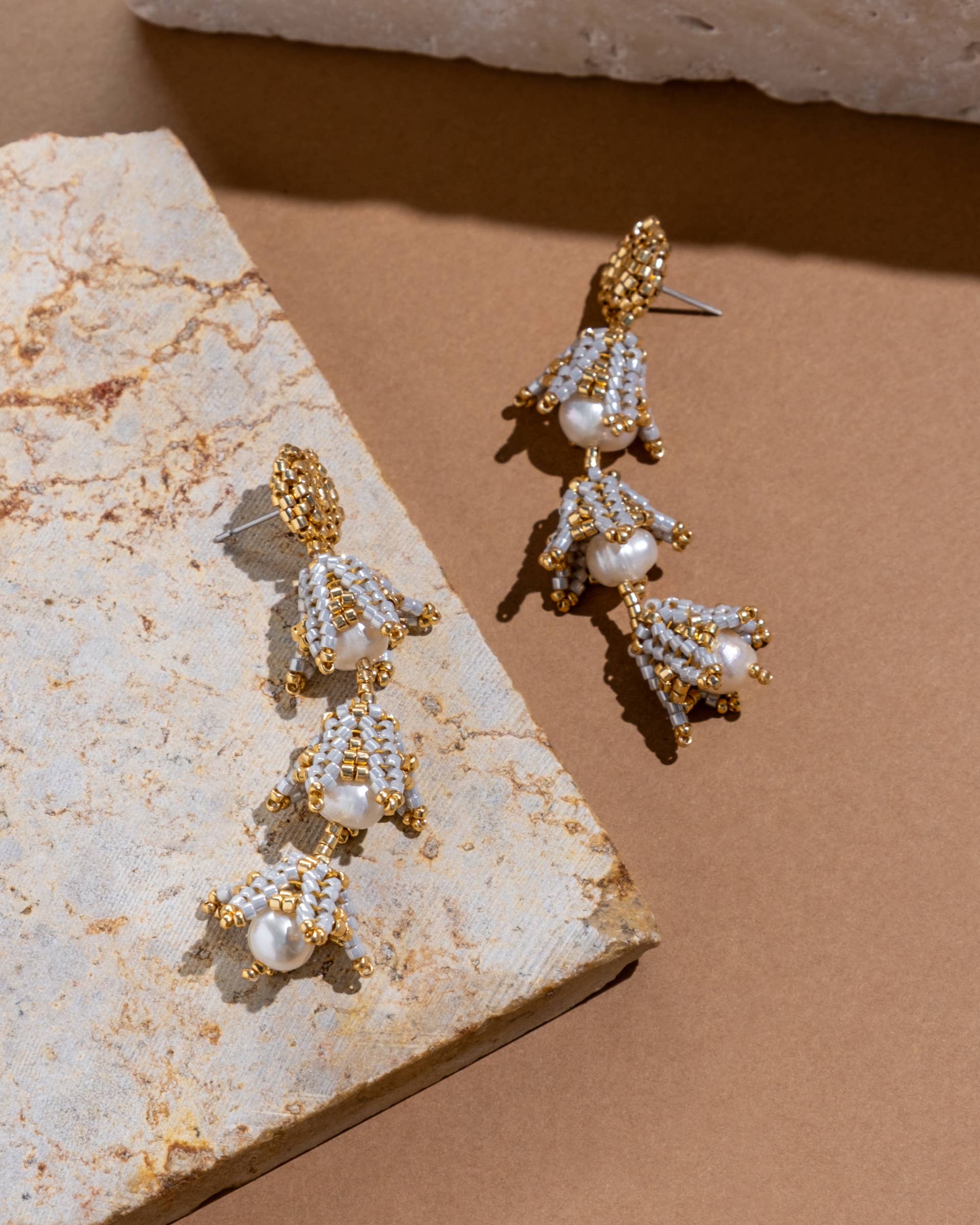 Beaded Handwoven Bell Drop and Pearl Earrings (Silver)