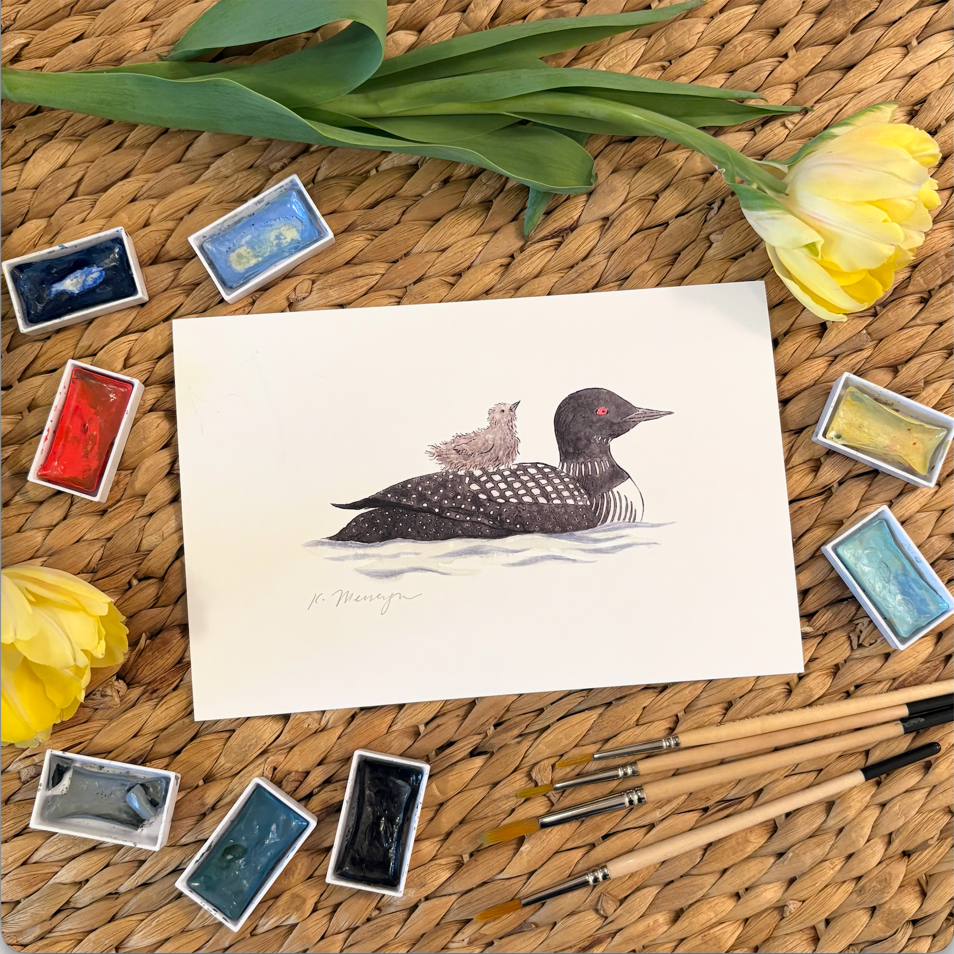 Loon Mama and Chick Art Print