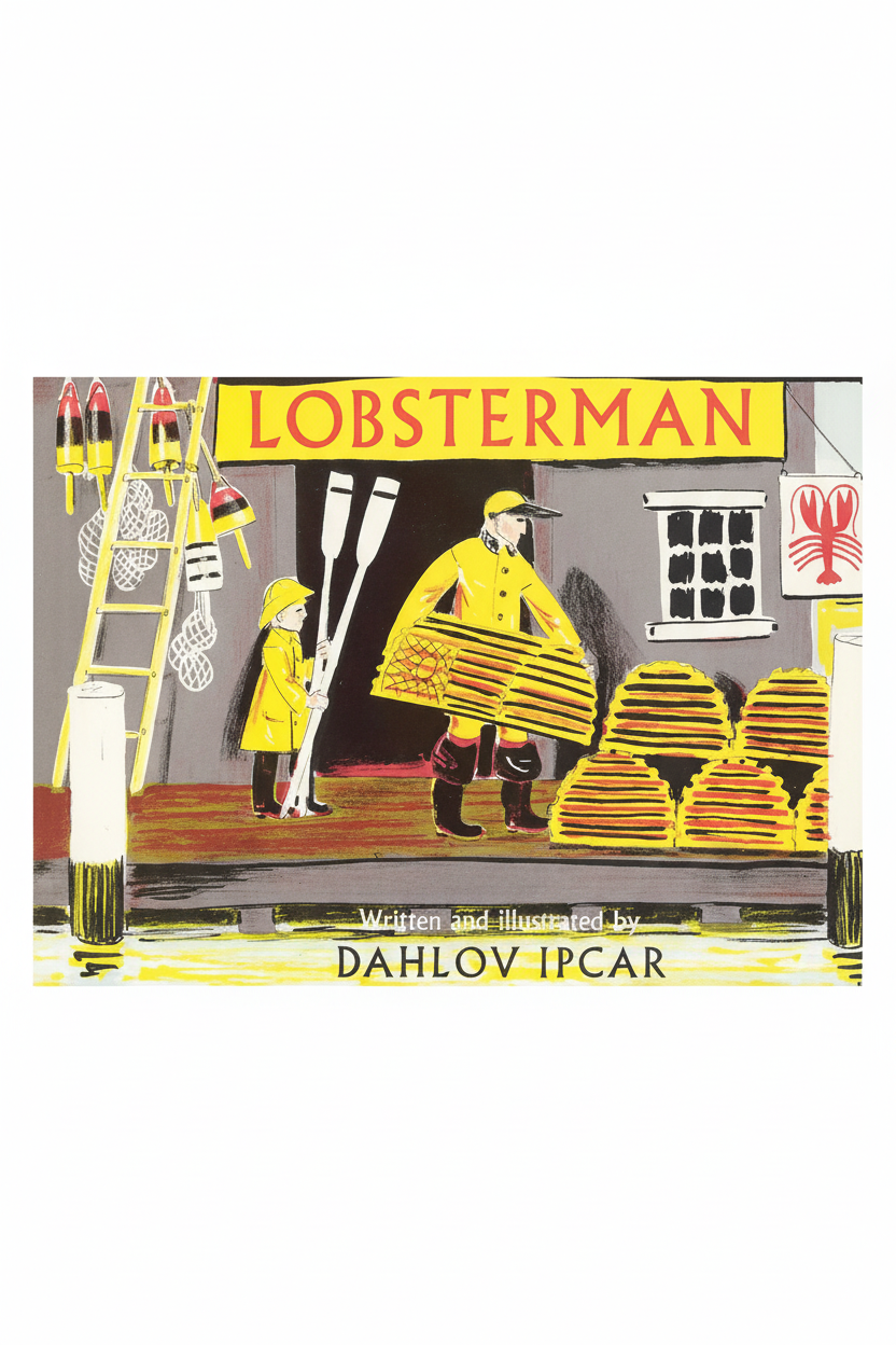 Book cover of 'Lobsterman' with illustration of a lobsterman and child, written and illustrated by Dahlov Ipcar.