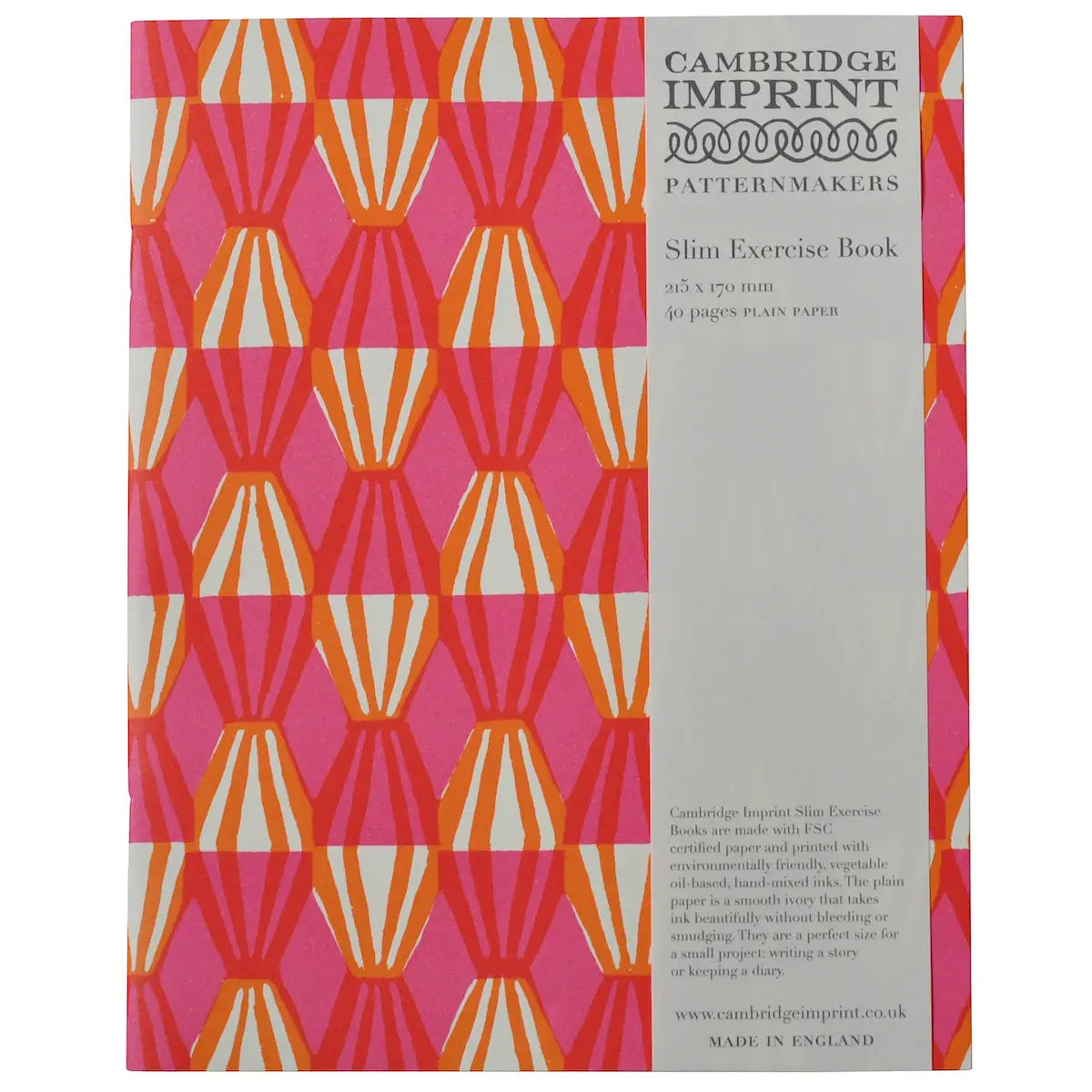 Cambridge Imprint patterned exercise book with geometric design on pink background
