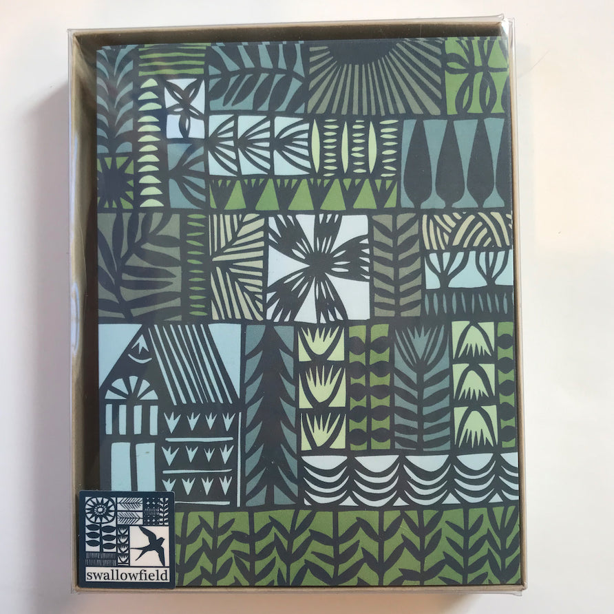 Patterned box with geometric design and 'swallowfield' branding on a white background