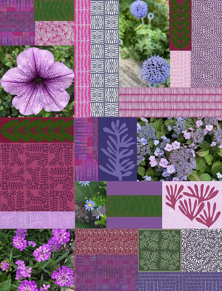 Patchwork design with floral and geometric patterns, featuring purple and green colors.
