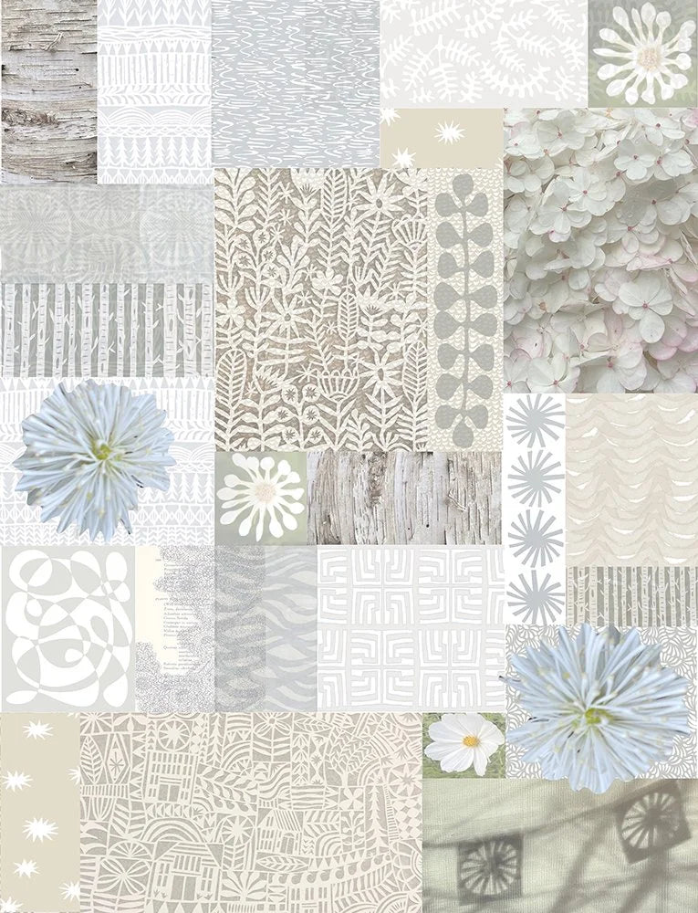 Patterned tiles in neutral colors with floral and wood textures