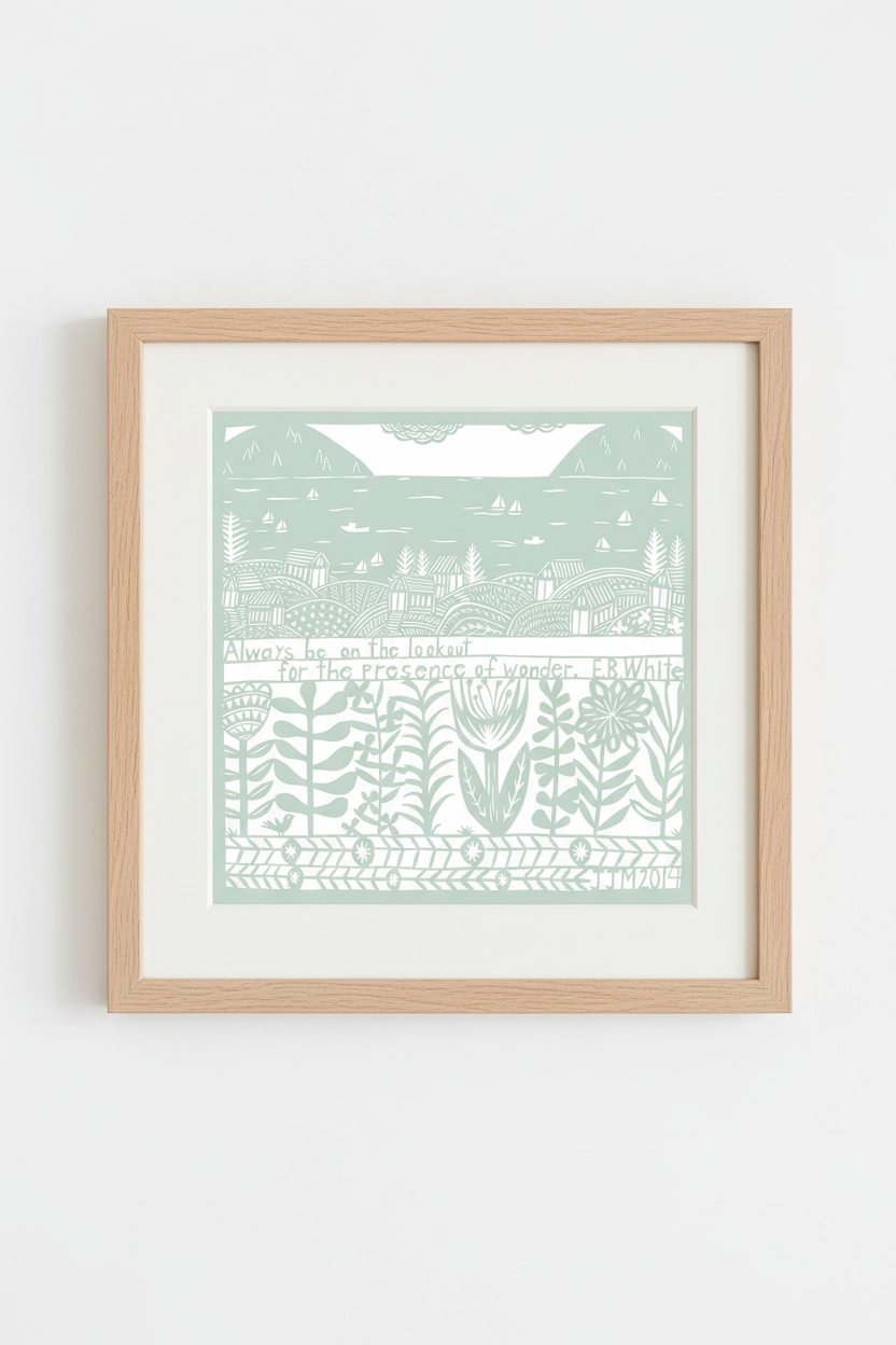 Framed artwork with a light green design on a white background