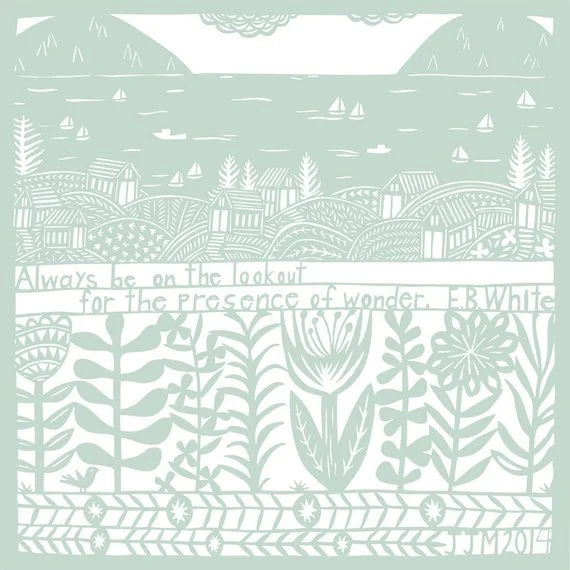 Decorative design with nature elements and a quote on a light green background